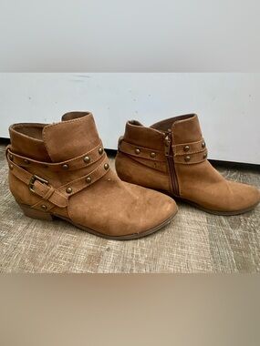 Women's Tan Suede Ankle Boots with Studded Strap